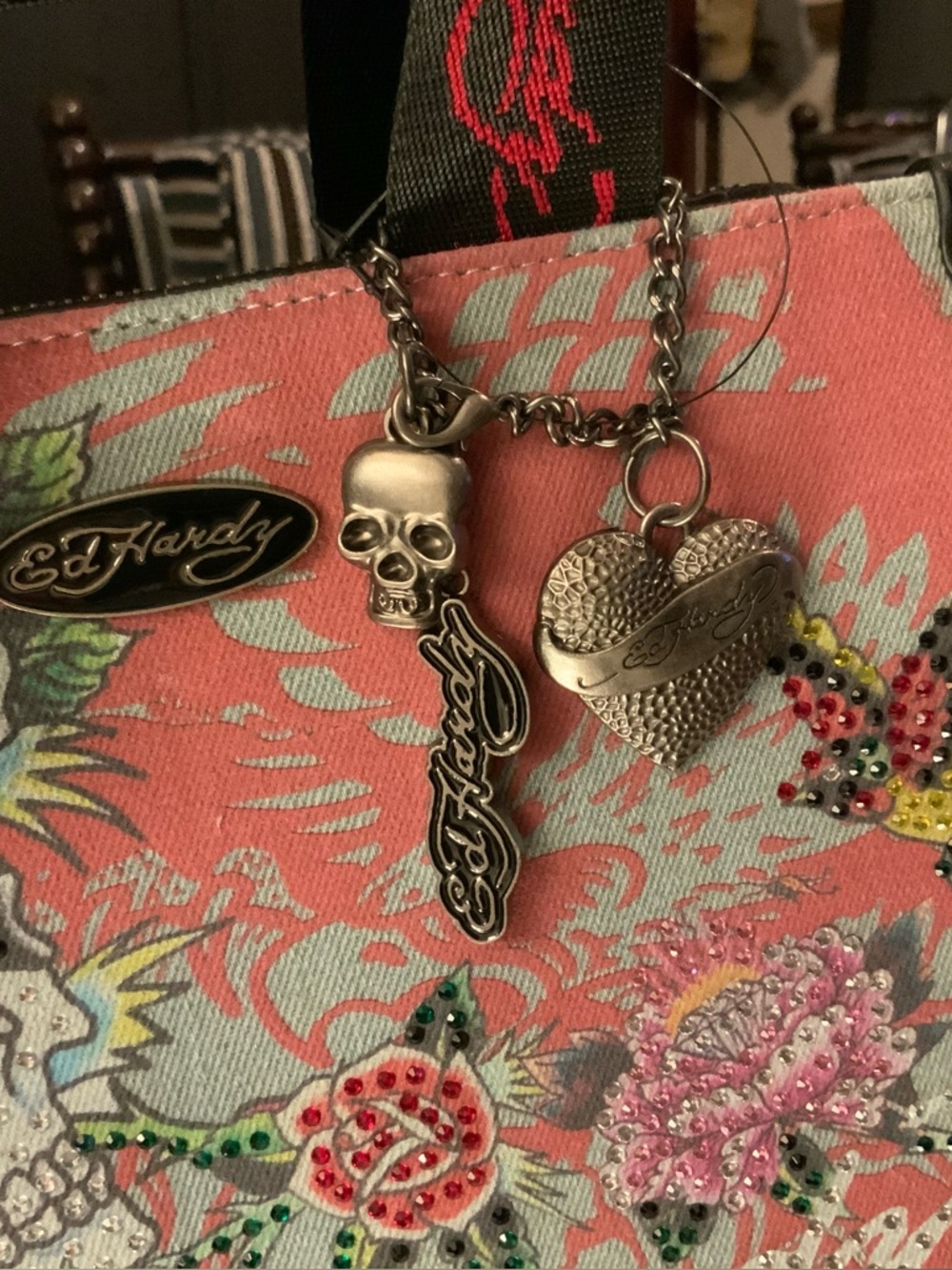 Ed Hardy Tattoo Rose & Skull Denim Rhinestone Purse NWT - Picture 4 of 13